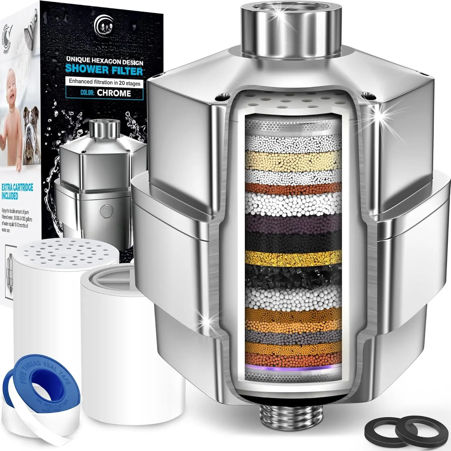 20 Stage Shower Filter for Hard Water - High Output Universal Shower  Filter for Chlorine, Fluoride, Heavy Metals - Vitamin C E Shower Water Filter for Hair and  (Chrome)