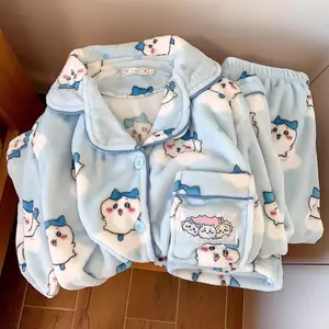 Chiikawa Animated Hachiware Pajamas Girls Winter Coral Velvet Thickened Velvet Usagi Pajamas Cute Winter Home Clothes Set