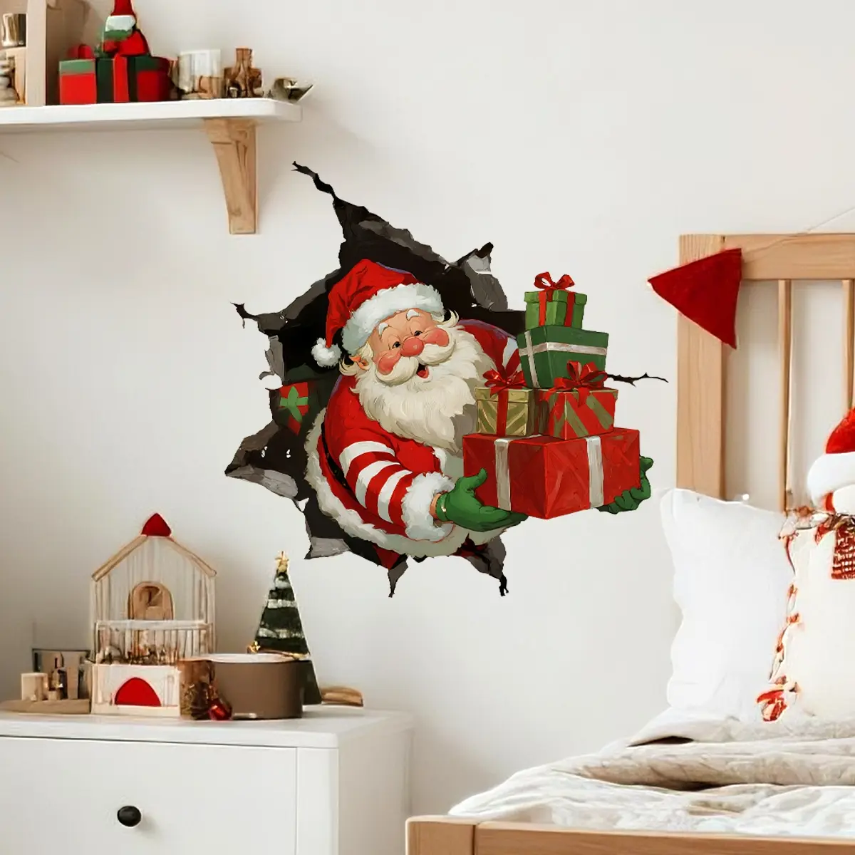 A (30*30cm) Christmas "Merry Christmas" simulated 2D hole Santa Claus delivering gifts interesting wall sticker, Decorative Stickers, living room and bedroom decoration background, holiday atmosphere wall sticker (B20019-KR)