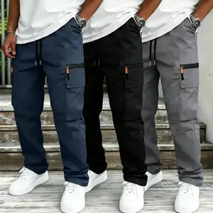 Men's Plus Size 3-Piece Plain Tactical Work Pants Set (3 Black + Blue + Gray) - Durable, Breathable, Quick-Dry Fabric, Multiple Pockets, Artificial Zipper Details, Straight Tube, Elastic Athletic Shorts, Ideal for Work & Outdoor Activities