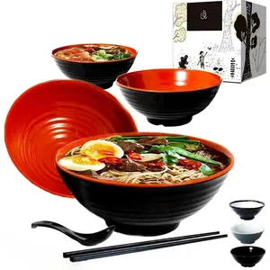 4 Ramen Bowls, 12 count Pho set. Red Black Ramen Bowl Set. Unbreakable Melamine.   soup. Spoons And Chopsticks kit. . XL 37 oz. Noodles, Rice, Udon, Thai, Chinese, Korean, Wonton, Miso