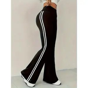 Women'S-Waisted Tummy Control Flared Pants, Striped Contrast, Casual Bell Bottoms, Polyester 90% Elastane 10%, Medium Stretch, Solid Color, Knit, 180g/m2 - Joggers Style2025