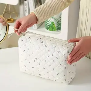 1PC Cute Cherry Print Cosmetic Bag with Zipper Closure - Compact White Cosmetic Storage Bag with Pink Bow Cherry Stem Design, Travel-Friendly Daily Use Toiletry Bag