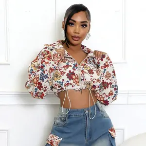 Striped Crop Jacket with Drawstring Waist Women Short