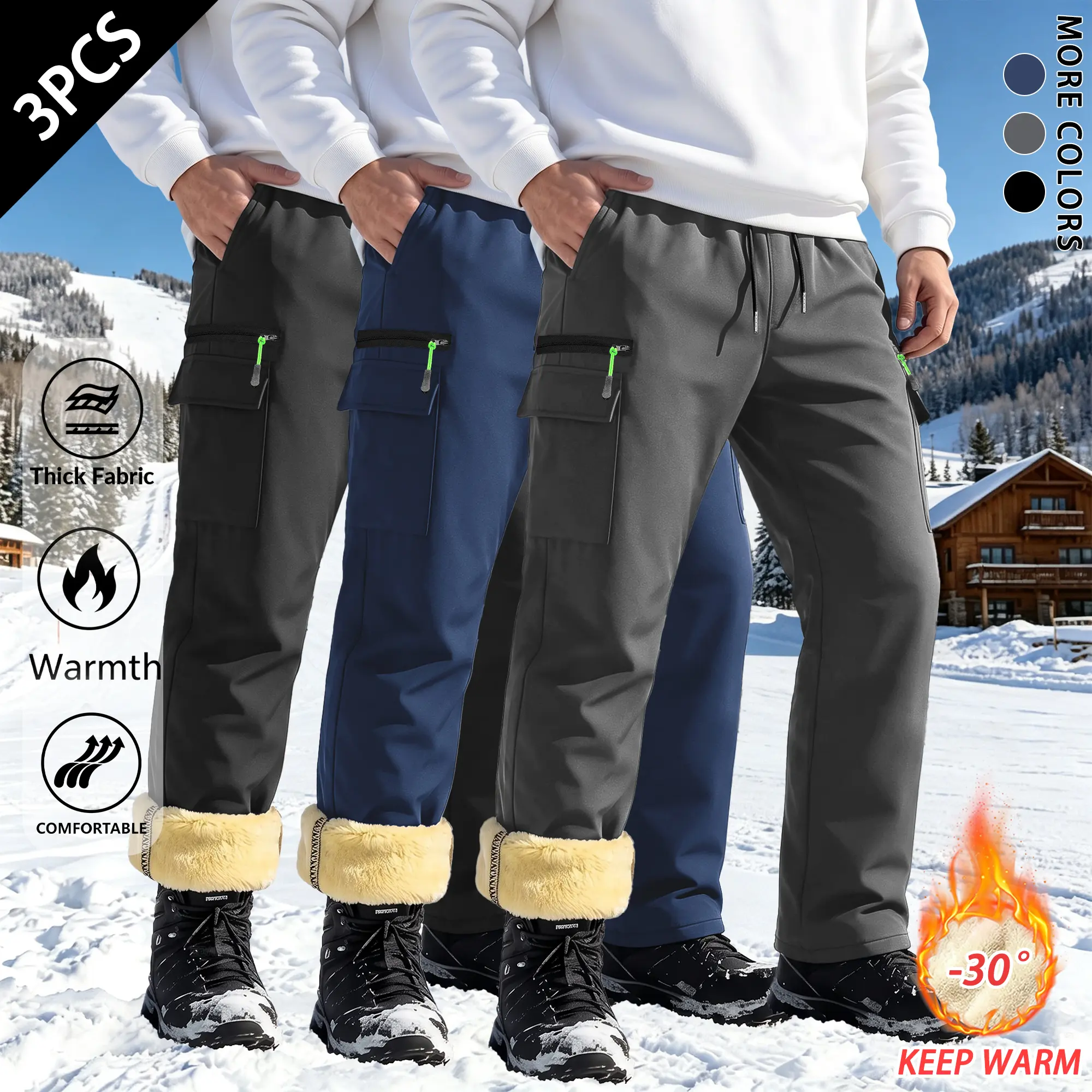 Male Thick Fleece-Lined Polyester Relaxed Cut Softshell Cargo Pants - Waterproof, Windproof, Elastic Drawstring Waist, Cargo Pockets - Outdoor Work Male Clothing for Snow Hiking, Cold Weather Daily Wear