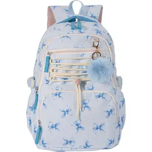 Corduroy Backpack for Women,Cute Aesthetic Backpack with Multi-Pocket, Lightweight Bookbag Fits 15.6" Laptop, Large Capacity Casual Daypacks for travel (Blue Bow, M) outdoorfun
