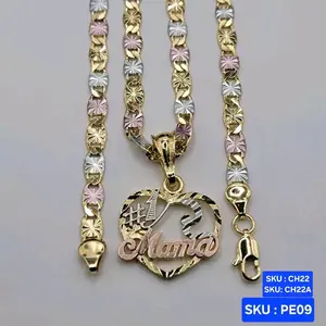 #1 MAMA Necklace Plated Gold three colors pendant and chain 24 & 20 inches 5mm wide.   Cadena i corazon de tres colores #1 MAMA. Jewelry  SKU : CH22, CH22A SKU : PE09