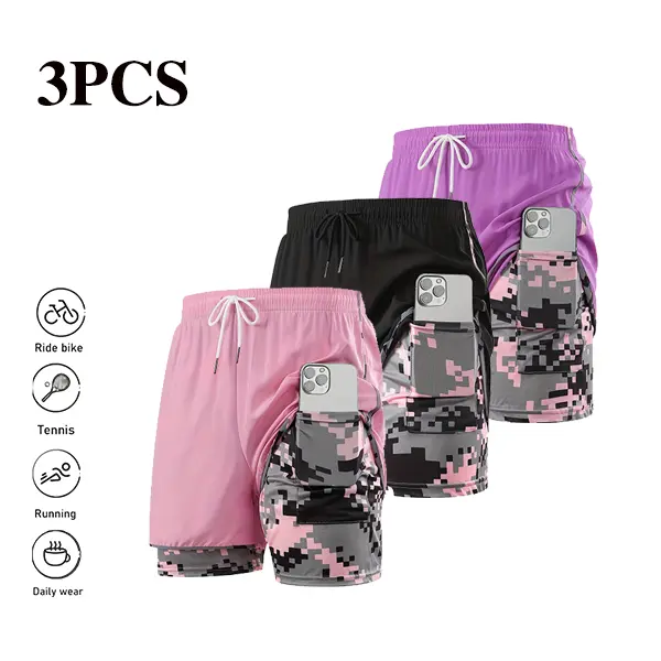Women’s double-layer sports shorts with phone pocket, quick-dry camouflage fitness shorts, breathable stretchy yoga shorts for running training, outdoor running five-inch shorts with anti-exposure design