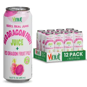 Vinut 100% Red Dragon Fruit Juice with Pulp No Added Sugar Not From Concentrate 16.57 fl oz Can Pack of 6/12/24 Real Fruit Beverage