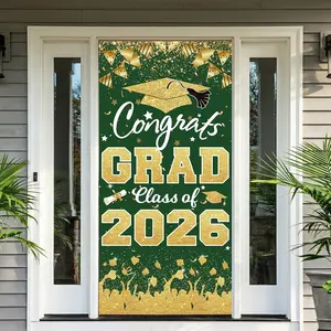 【graduation2026】2026 Graduation Party Decorations - Green Gold Congrats Grad Class of 2026 Banner Graduation Party Supplies Front Door Cover Porch Sign Banner Backdrop Wall Decor180x90cm