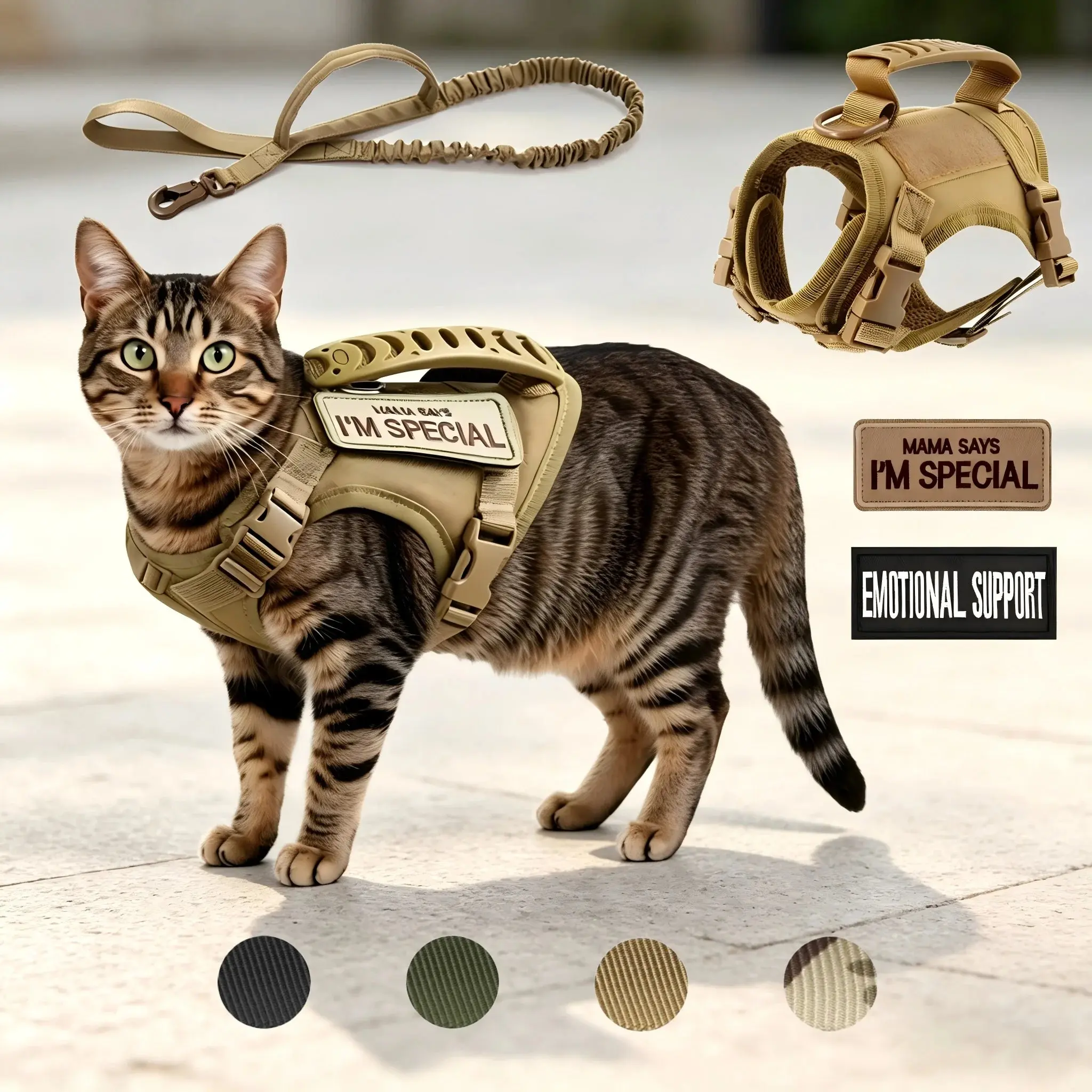 Cat Harness & Leash Set – Escape-Proof Tactical Vest with Patches