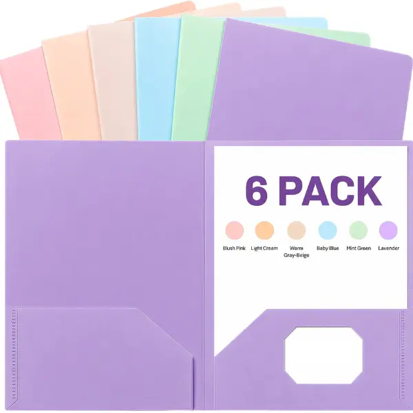 6 Pack Plastic Folders with Pockets, Letter Size 2 Pocket Poly File Folders with Business Card Slot, Durable Pastel Pocket Folders for Office, Home, Business and Documents