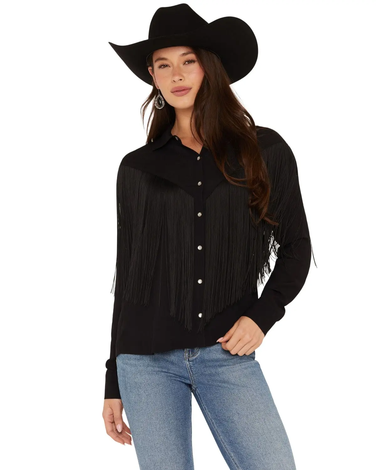 Idyllwind Women's Women'S Mailan Georgette Fringe Long Sleeve Blouse - Iwfa26w16-Blk
