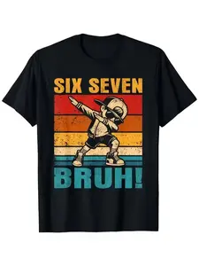 Fun Six Seven Bruh Internet Meme T-Shirt for Boys and Girls - "67" Number Design with Dab Dance Pose - Casual Round Neck Tee, Comfortable for All Seasons, Trendy Gift for Youth - "67" Graphic and Bruh Text, Spring/Summer Vacation Wear