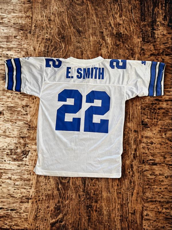 Iconic 90s Vintage Dallas Cowboys Emmitt Smith #22 Starter Jersey - White/Blue Mesh (Size 48/L)