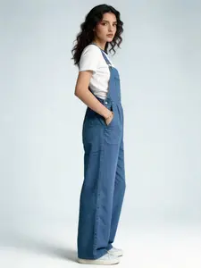 Daily Comfort Women's Denim Bib Pants Overalls, Basic Wide Leg Design with Adjustable Straps and Button, Pocket, Fit, Casual Sleeveless Long/pants, All Seasons Wear, Womenswear