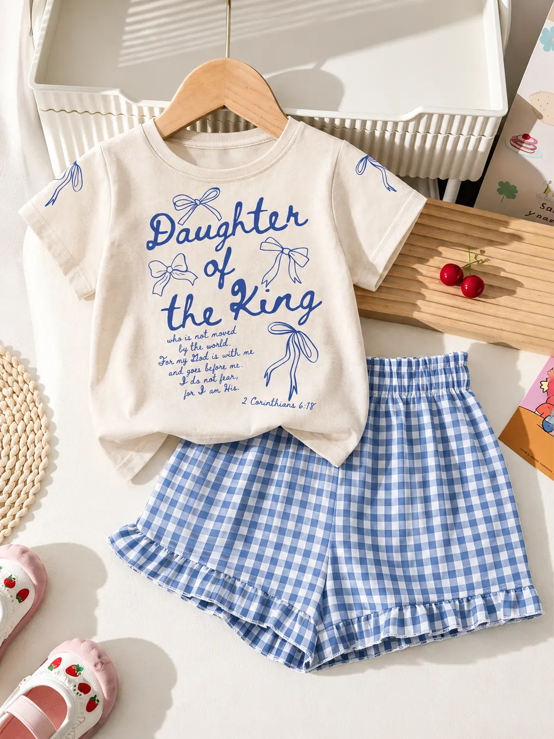 Girls' Back to School 2-Piece Outfit Set, Spring-Summer Short Sleeve T-Shirt & Shorts with Bow and Slogan Print, Casual Fashion Clothes for Little Girls, Big Girls & Tween Teens