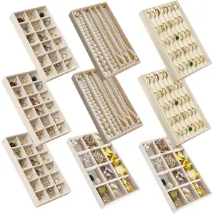 Jewelry Organizer for Drawer, Adjustable Velvet Jewelry Tray, Stackable Necklace Organizer Earring Holder Organizer Ring Tray Jewelry Storage Display Drawer Inserts Set of 9 (Beige)