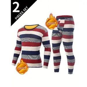 Men's Vintage Striped Thermal Compression Base Layer Set JK190397 - Moisture-Wicking Crew Neck Long Sleeve & Leggings for Skiing Running Fitness
