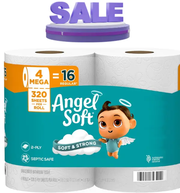 Angel Soft Toilet Paper & Wipes, 4 Mega Rolls (Equals 16 Regular Rolls), Soft, Strong Toilet Tissue