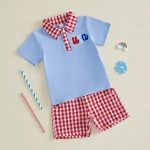 Afunbaby Boys' Independence Day Set Letter Embroidery Short Sleeve Lapel T-Shirt and Matching Plaid Shorts