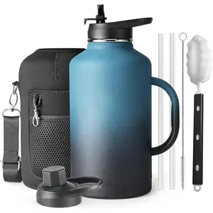 Vacuum Insulated Stainless Steel Water Jug 64 oz Insulated Water Bottle,Half Gallon Water Flask Stainless Steel Vacuum, Cold for 48 Hrs,BPA-Free & Leakproof -with Paracord Handle, Strap,Straw Spout Lids,Large Jug for Gym,Indigo Black