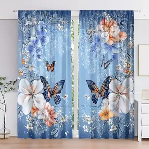 2pcs Butterfly & Floral Print Curtains, HD Digital Printing, Rod Pocket Installation, 100% Polyester, All-Season Privacy UV Protection Drapes