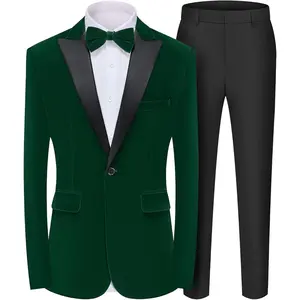 MAGE MALE Men's 2 Piece Velvet Suit Peak Lapel One Button Slim Fit Tuxedo Blazer Party Dinner Jacket & Pants