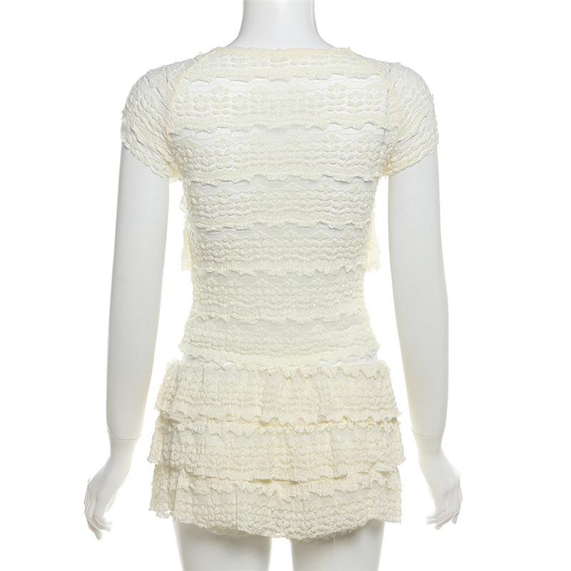 SERENZY-  Sexy Hollow Ruffle Crop Top Shorts Skirt Women Solid Elegant Slim Clothes 2 PieceS