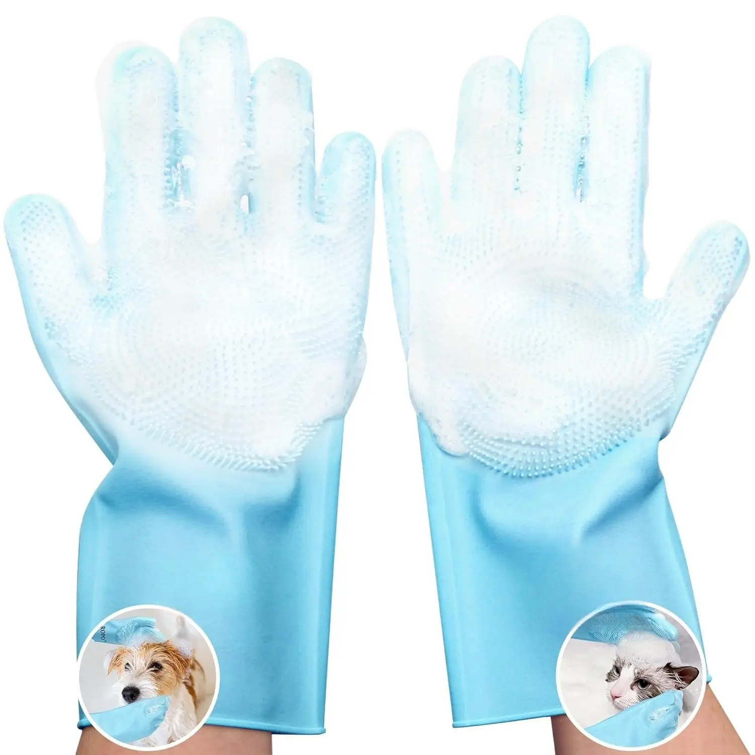 silicone gloves for pet grooming, multi-functional gloves for pet hair shedding, bathing, and massage (Blue)