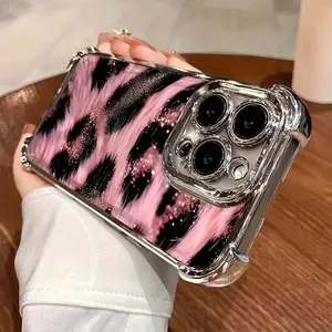 Applicable to Apple series.This Popular New Pink Leopard Print Black Electroplated Four-Corner Shockproof Transparent Phone Case Is a Lightweight Protective Cover Suitable for Iphone Models Including 16, 11, 13, 15, 15 Plus, 15 Pro, 15 Pro Max, 12, 14 Pro