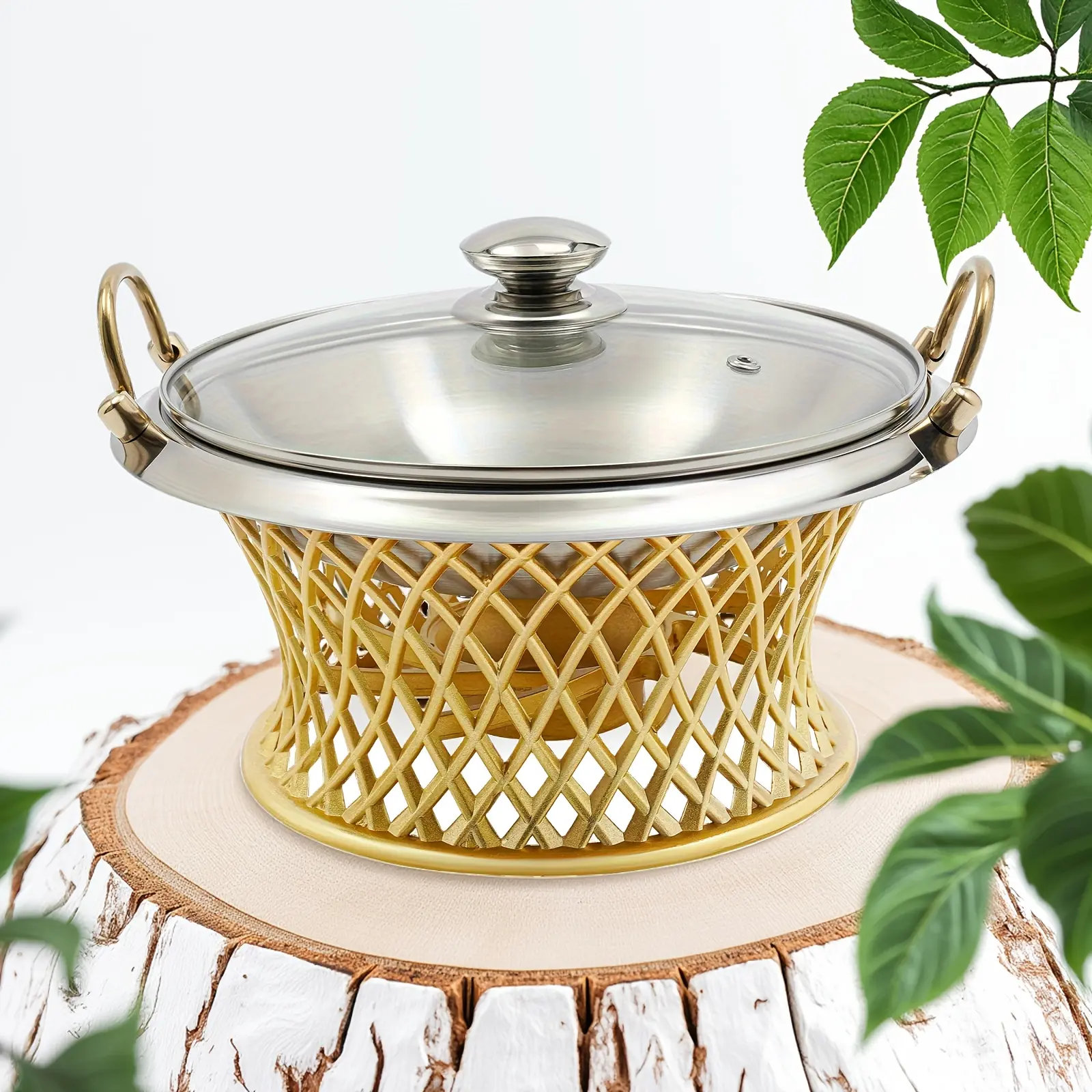 CNCEST Copper Finish Chafing Dish Set - 9.45in Stainless Steel Pans, Heat-Resistant Glass Lid, Fuel Holder, Drum Frame, Aluminum Alloy Build, 6.6lb Capacity Container for Buffet Use, Housewarming, Warm Holding