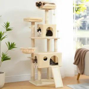 64" Large Cat Tree Tower with Cat Condo and Perch, Cat Climbing Tower Furniture
