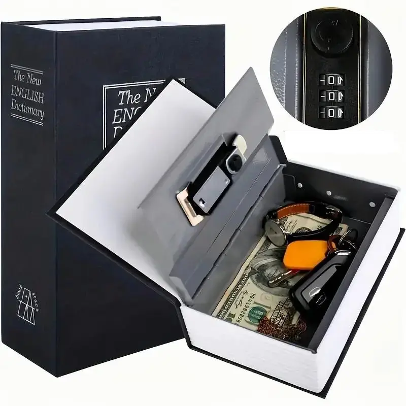 9.5x6x2.2" Steel Metal Book-Like Hidden Storage Box with 3-Digit Combination Lock, Slim & Discreet Multifunctional Dictionary Safe for Cash, Jewelry, Home & Office Security Organizer, 1-Count Gift