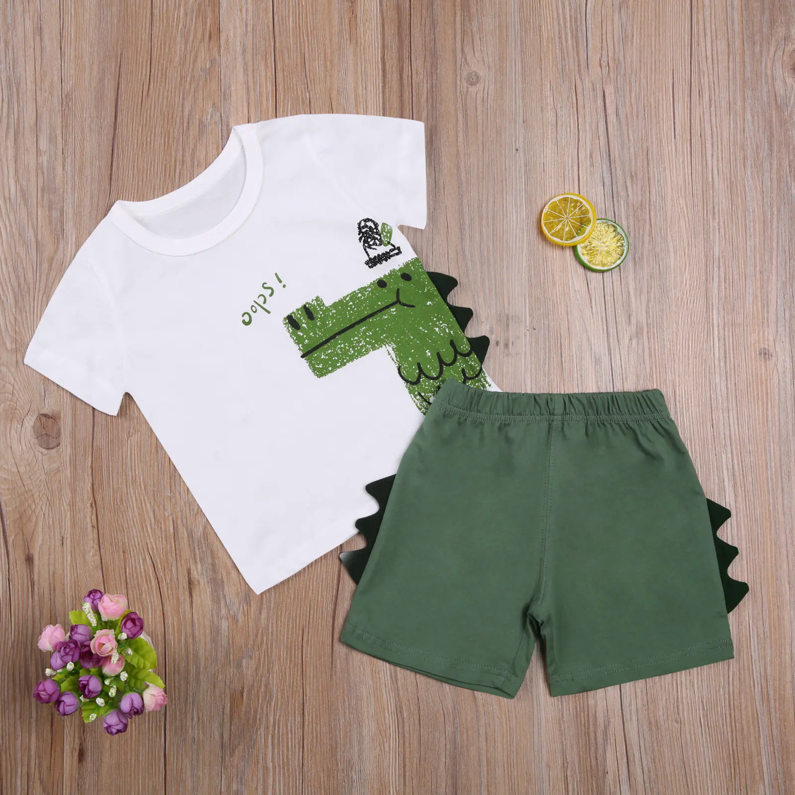 Boys' 2-Piece Summer Outfits - Cute Design, Dinosaur Print, Cartoon Animal Print, Casual, Lightweight 3D Pattern O-Neck Short-Sleeve T-Shirt + Elastic Waist Shorts, Cute Design Boys' Sets, Dinosaur Print Boys' Sets