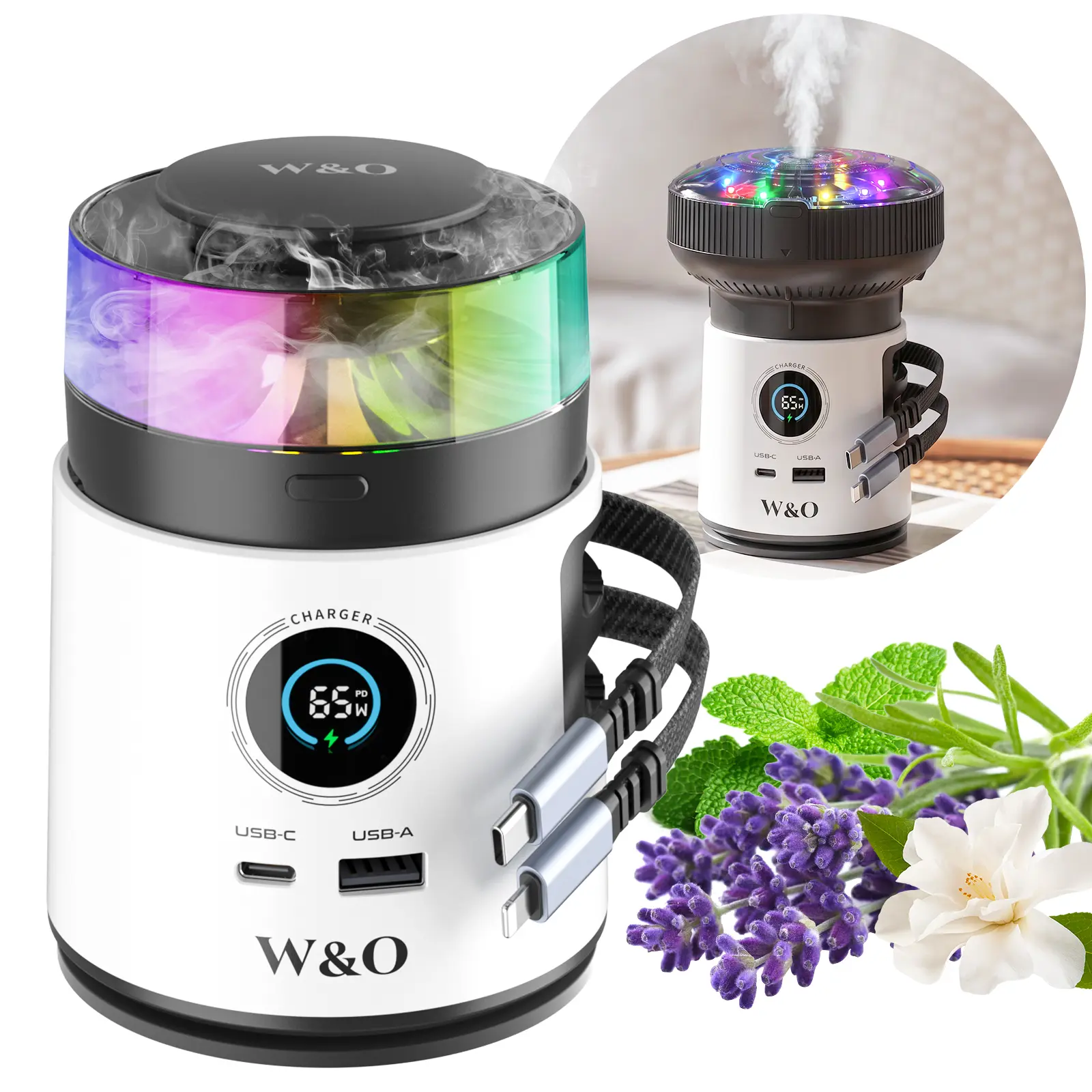 W&O Multi-Function Aroma Diffuser and Charging Station - 65W Fast Charge with 4-in-1 Retractable Cables, 7-Color LED Light Auto Cycles, Essential Oil Air Humidifier, Nail-Friendly Design, Ideal Gift for Bedside and Desks