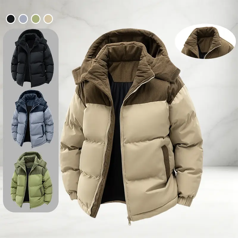 Men’s Autumn/Winter Long-Sleeve Color-Block Hooded Jacket - Detachable Collar, Retro Corduroy Panels, Topstitching Design, Quilted, Streetwear Ready, Everyday Wear, Multi-Color Versatile Option