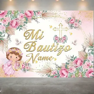 Party Backdrop 1pc Name Text Exclusive Personalized Customization, Mi Bautizo Themed Party Background,  Roses, Floral, Cross and Angel Design, for Family Party Events, Wedding, Birthday Party, Coming-of-age Ceremony, Christmas, Thanksgiving, Four