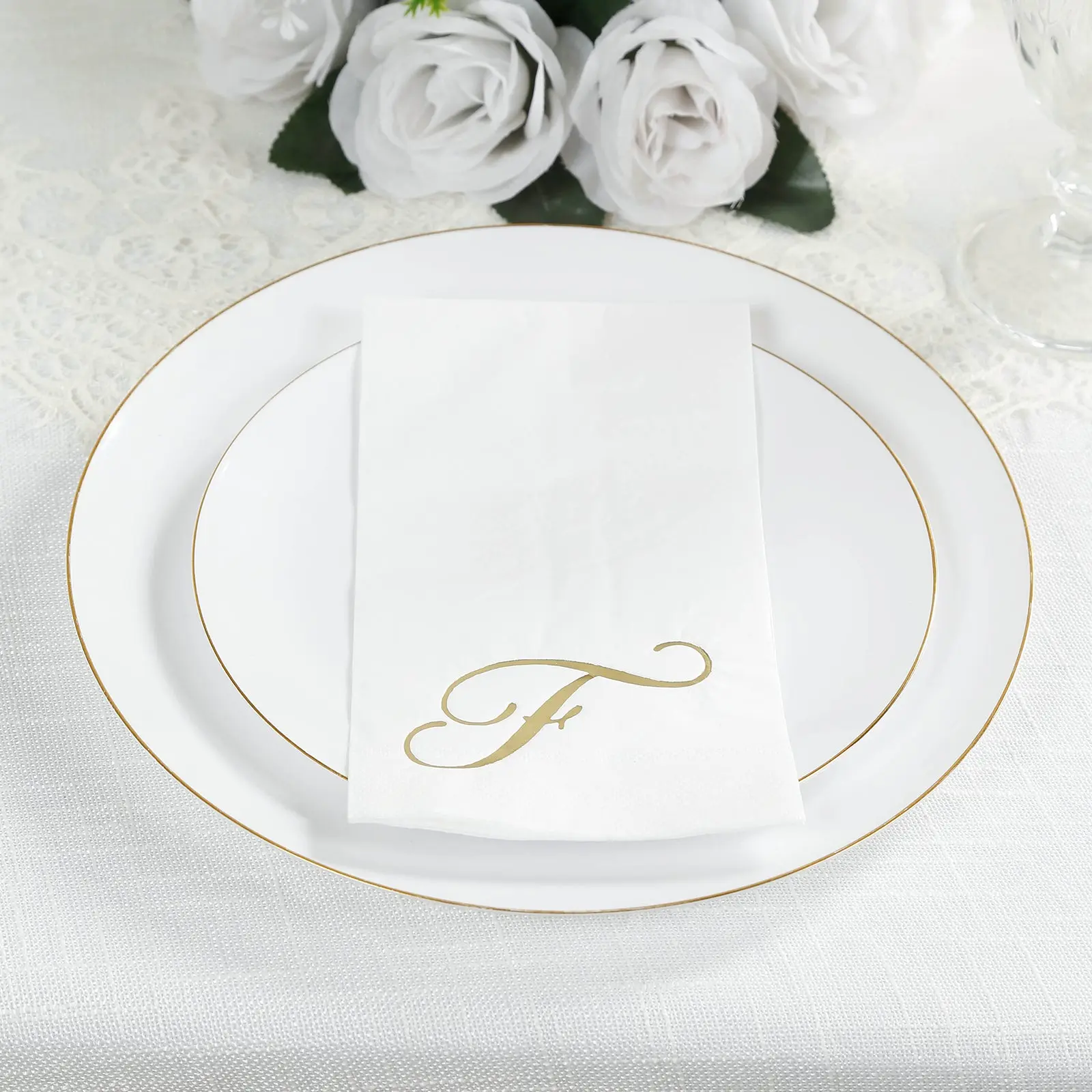 Disposable Paper Dinner Napkins (100 Pack) - White with Gold Foil Monogram 'F', 8"x4" Folded, Disposable Tableware for Weddings, Birthday, Restaurant, Party Supplies