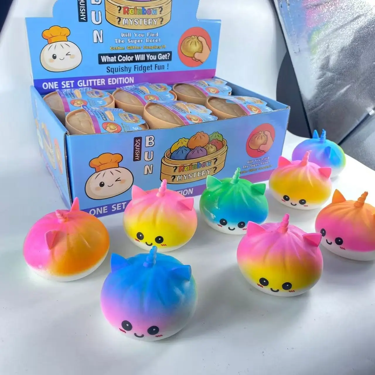 Cute Gradient Rainbow Unicorn Dumpling Squishy Squeeze Toy, Soft TPR Slow Rebound Stress Relief Fidget Toy, Surprise Mystery Sensory Toy, Birthday Holiday Party Favors for Boys Girls