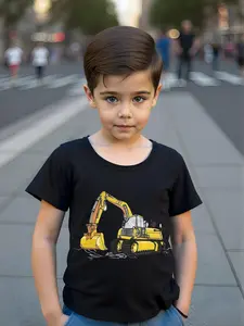 Toddler Boy's Cartoon Excavator & Letter Print Round Neck Tee, Casual Short Sleeve T-shirt for Summer, Kids Clothes for Daily Wear, Cute Graphic Tee