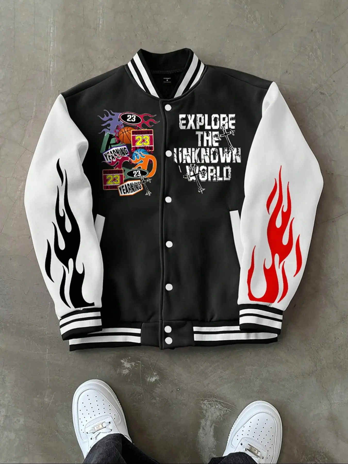 Men's Fall Winter Baseball Varsity Jacket, Black White Color Block Flame Basketball 23 Letter Graphic Button Down Coat, Loose Casual Outerwear for Daily Workout Street Vacation Dating