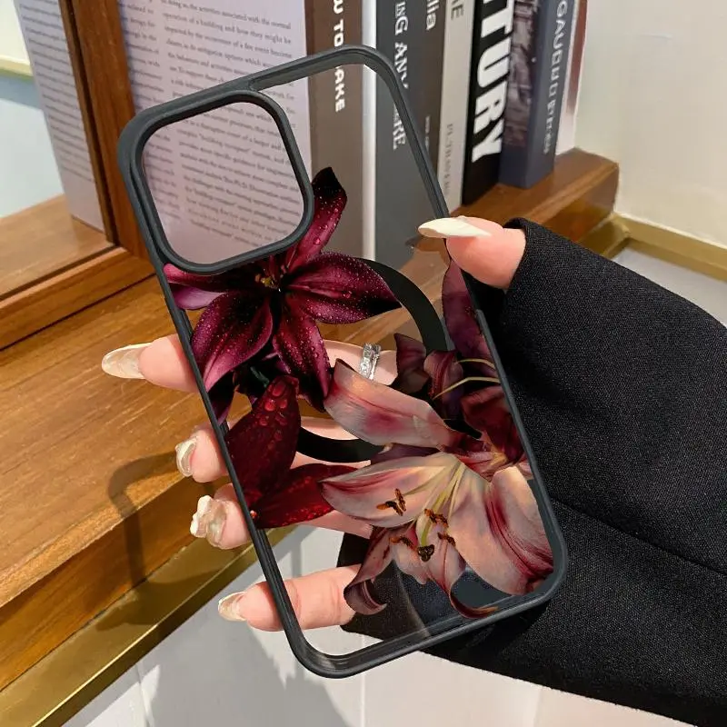 Dew-Kissed Lilies' Rhapsody Pattern Hybrid Magnetic Phone Case - Durable E-Shockproof, Non-Slip, Transparent Silicone Acrylic Casing Protector for iPhone 17,16,15,14 Pro Max,13,12,11 Pro Max,XR,XS,Air,Plus - Supports Wireless Charging, Protection, Accesso