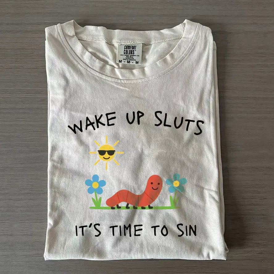Wake Up Sluts Caterpillar Vintage T-Shirt, Its Time To Sin Funny Graphic Tee, Retro Unhinged Meme Streetwear Comfort, Offensive Humor Shirt, Gen Z Best Friend Gift, Shortsleeve, Casual