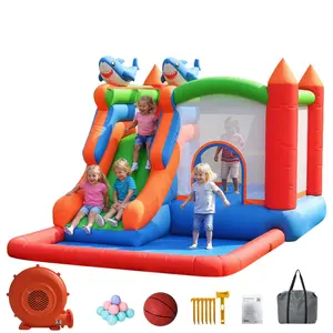 5-in-1 Kids Bounce House with Slide, Climbing Wall, Ball Pit & Hoop, Indoor/Outdoor Inflatable Playset with Blower