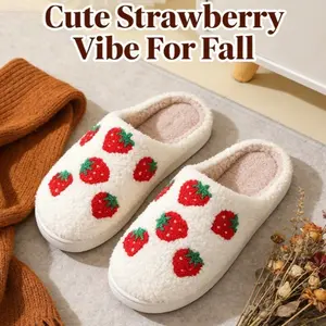 Women's Cute Strawberry Pattern Plush Slippers,Casual Soft Comfortable Home Slippers,Warm Slippers for Indoor and Outdoor Use for Fall and Winter,Footwear