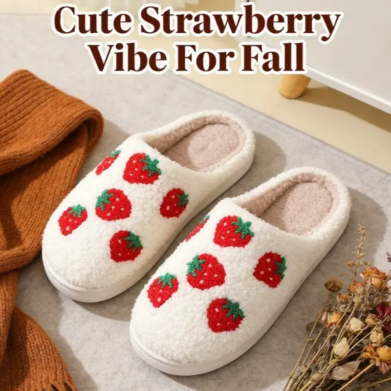 Women's Cute Strawberry Pattern Plush Slippers,Casual Soft Comfortable Home Slippers,Warm Slippers for Indoor and Outdoor Use for Fall and Winter,Footwear