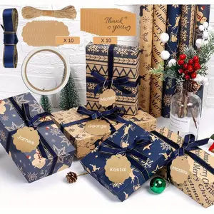 10 Sheet Christmas gift wrapping papers, 50 x 76 cm Christmas Wrapping Paper, with 5 m Ribbon, 10 Kraft Paper Labels, 10 Thank You Cards, 1 Double-Sided Tape, 10 meter hemp rope