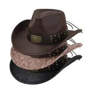 Women Men Cowgirl Hat Vintage Bull Head Roll-up Wide Brim Western Hat for Daily Party Multicolor Polyester Unisex 56-58cm Circumference