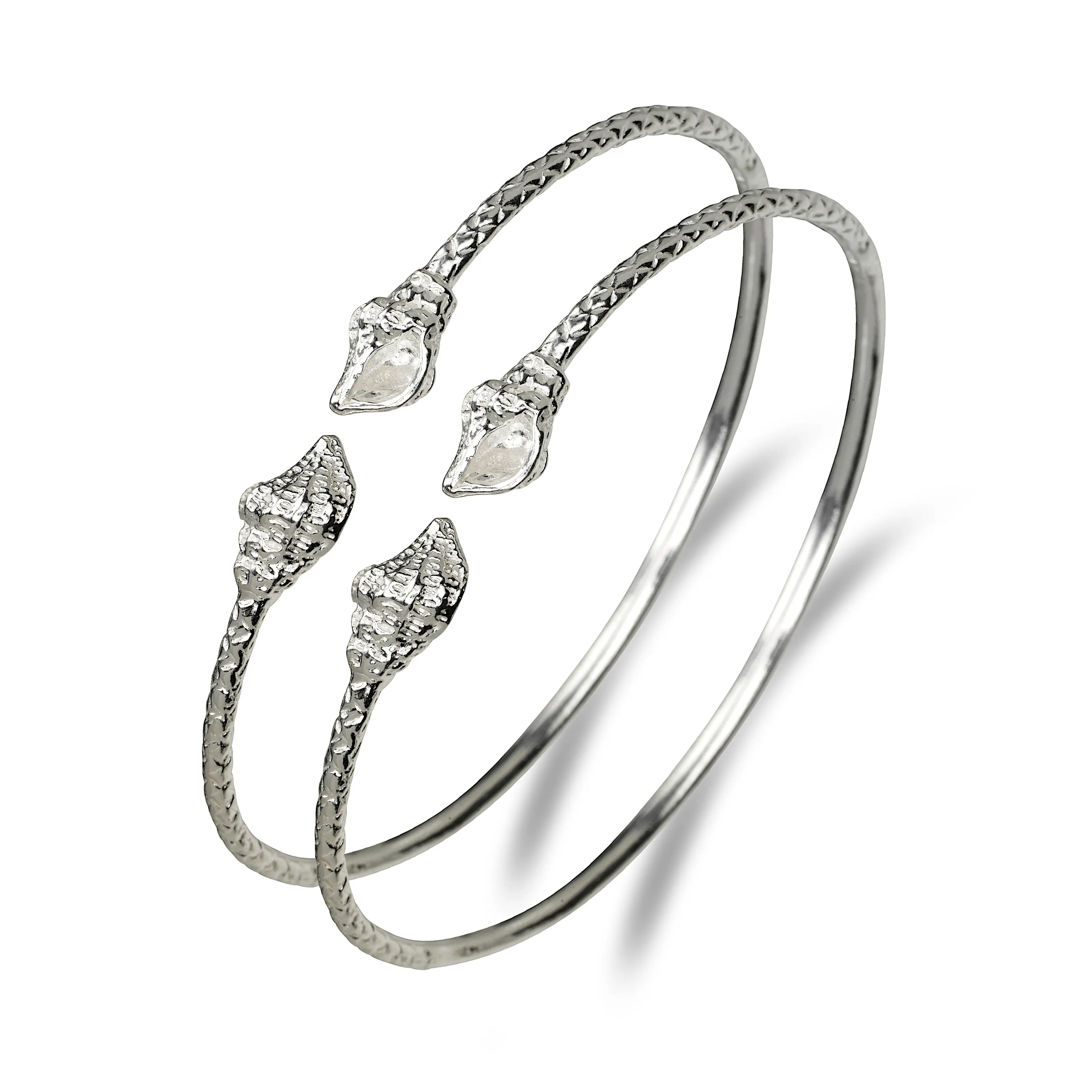 Unisex .925 Sterling Silver Sea-Shell Conch End Bangle Set for Adults, 26g, 1 Pair, Evoking Memories of Sun and Sand